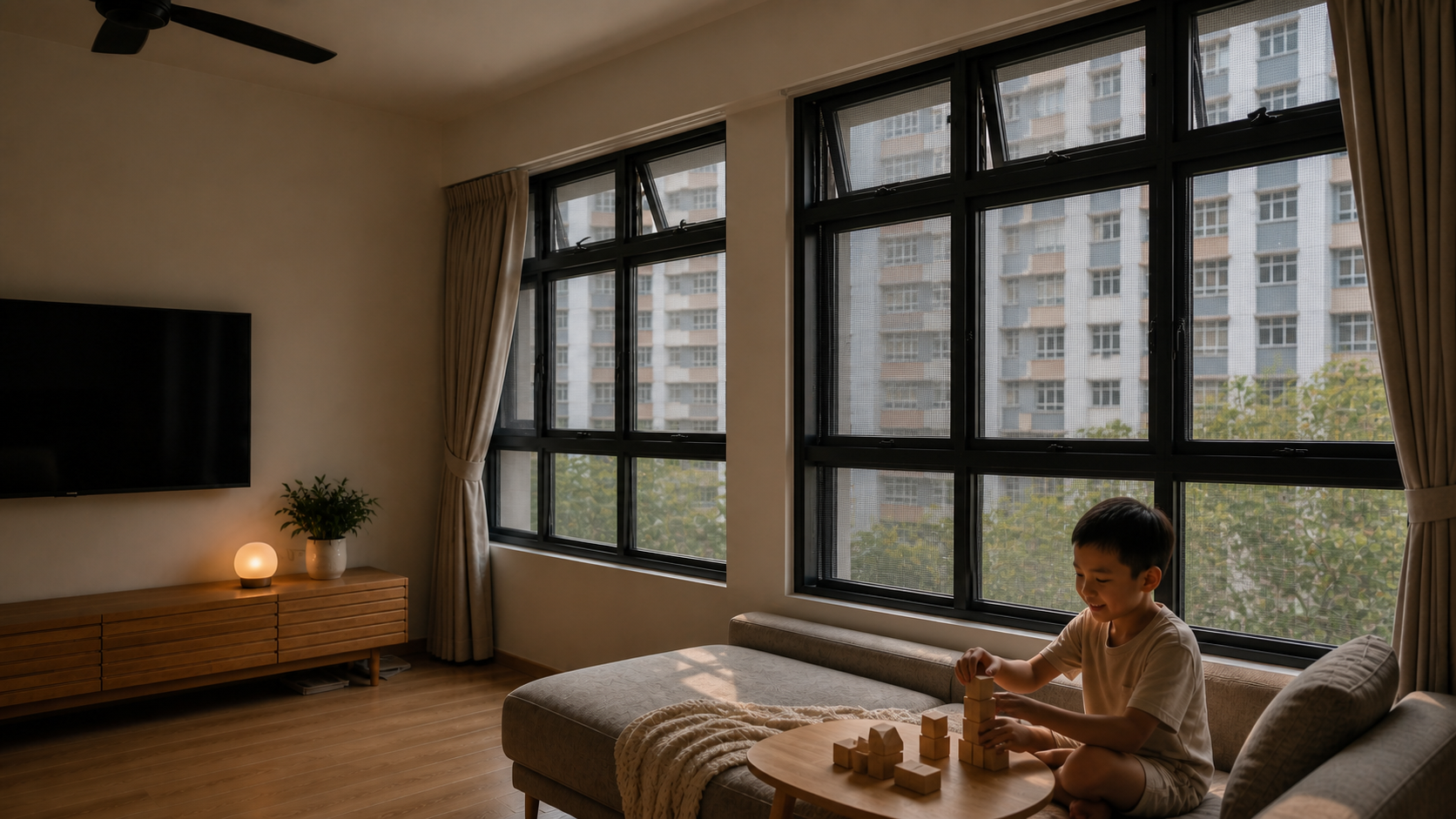A child playing safely inside a Singapore HDB living room beside HomeGuard mesh fitted across every window panel